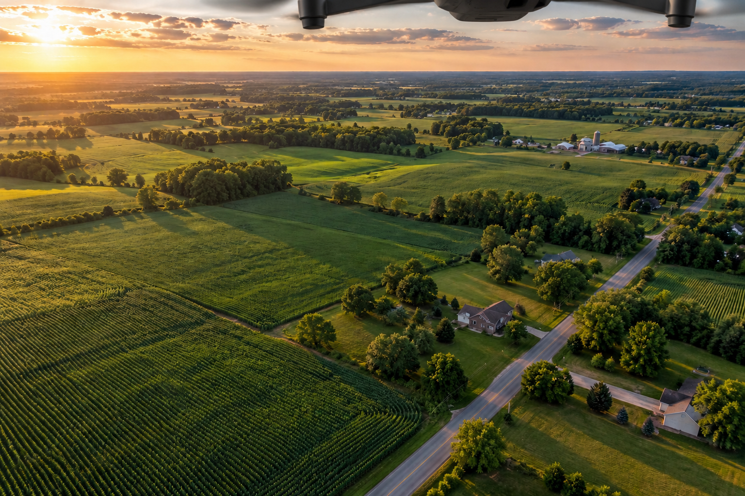 View from beneath a drone, with its underside barely visible above farmland at sunset